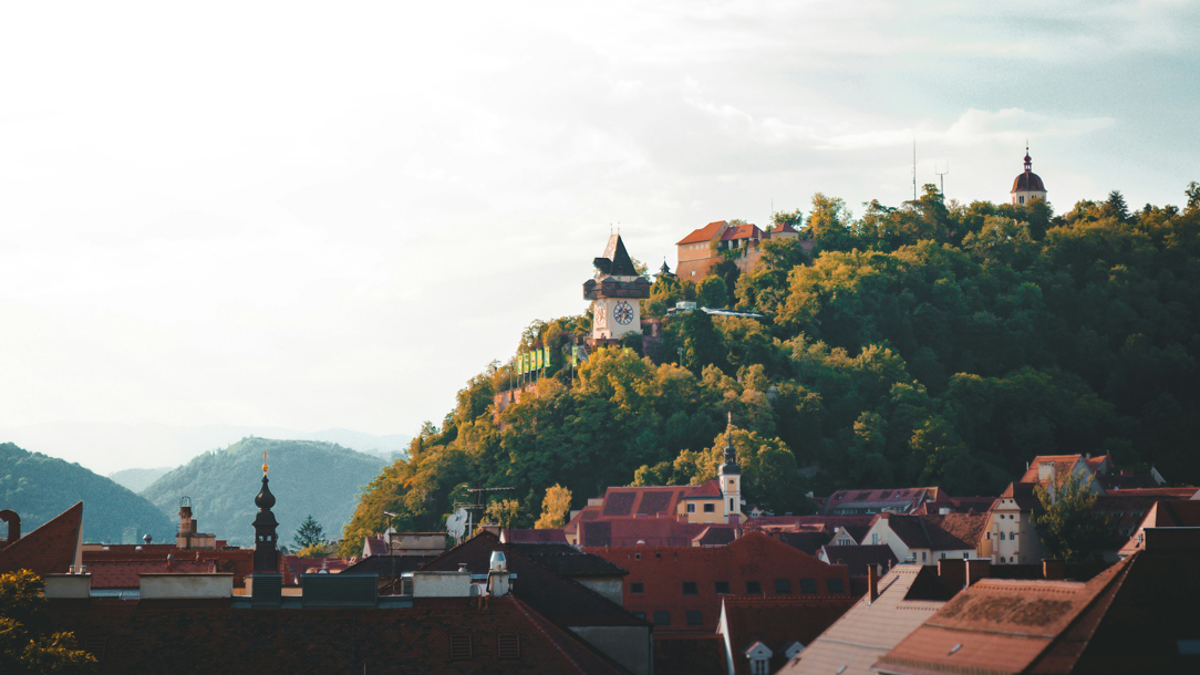 Wide view of Graz in Austria on an overcast day.