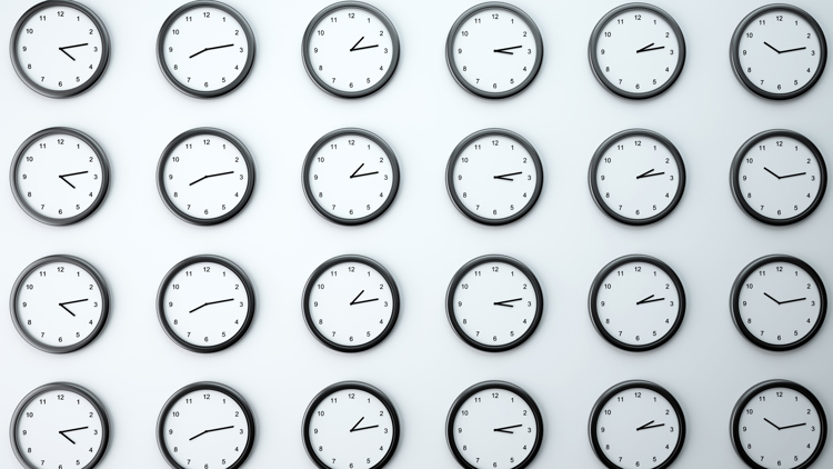 Rows of clocks on a white background.