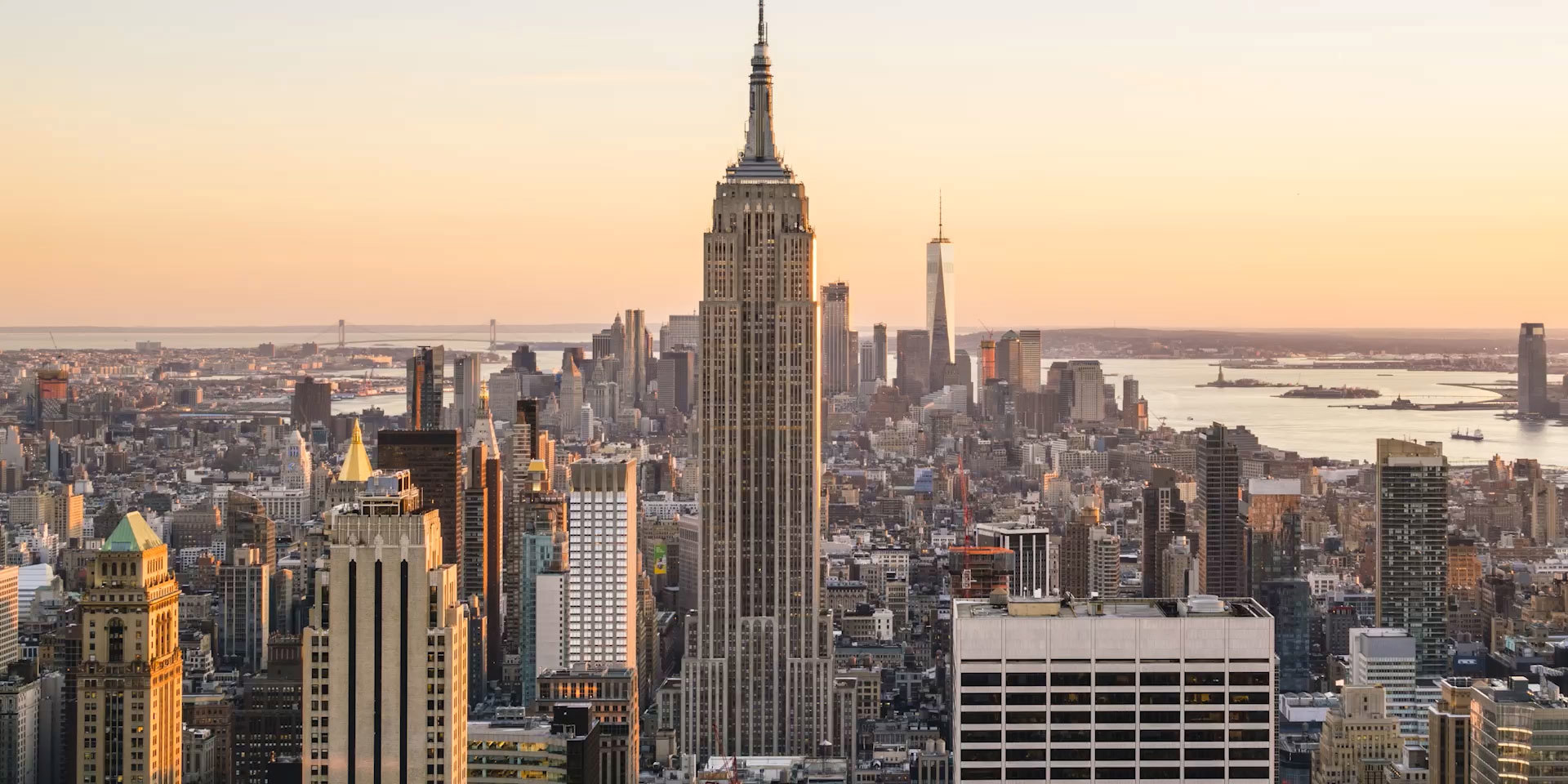 The New York skyline at sunset.