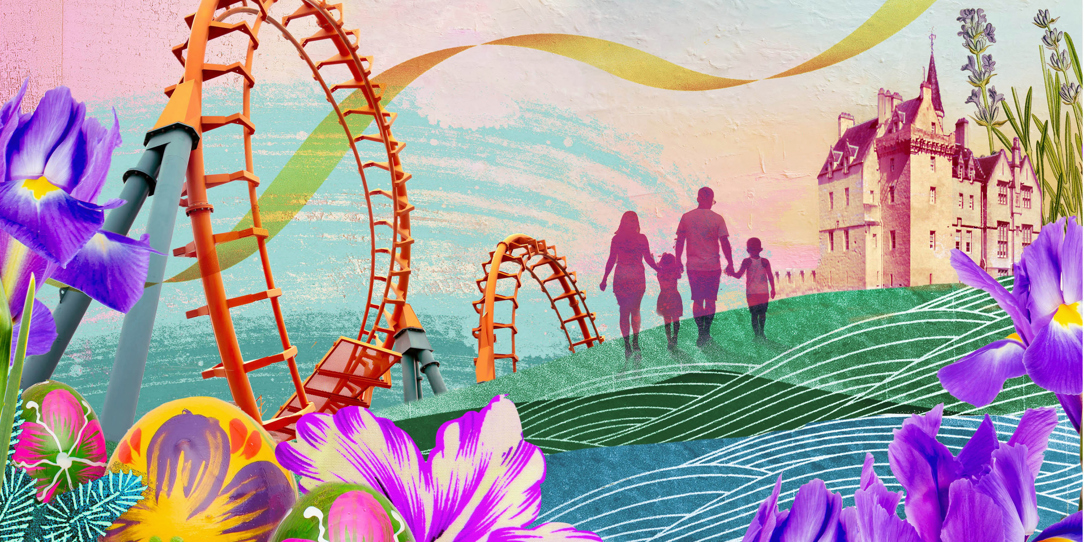 An illustration with a rollercoaster, a castle and a family walking in a field.