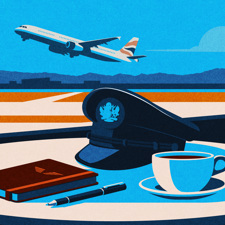An illustration of a pilot's cap on a coffee table with planes taking off in the background.