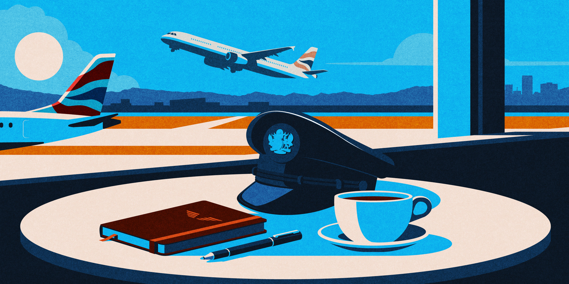An illustration of a pilot's cap on a coffee table with planes taking off in the background.