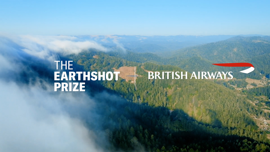 The British Airways 'Earthshot' logo over a landscape photograph.