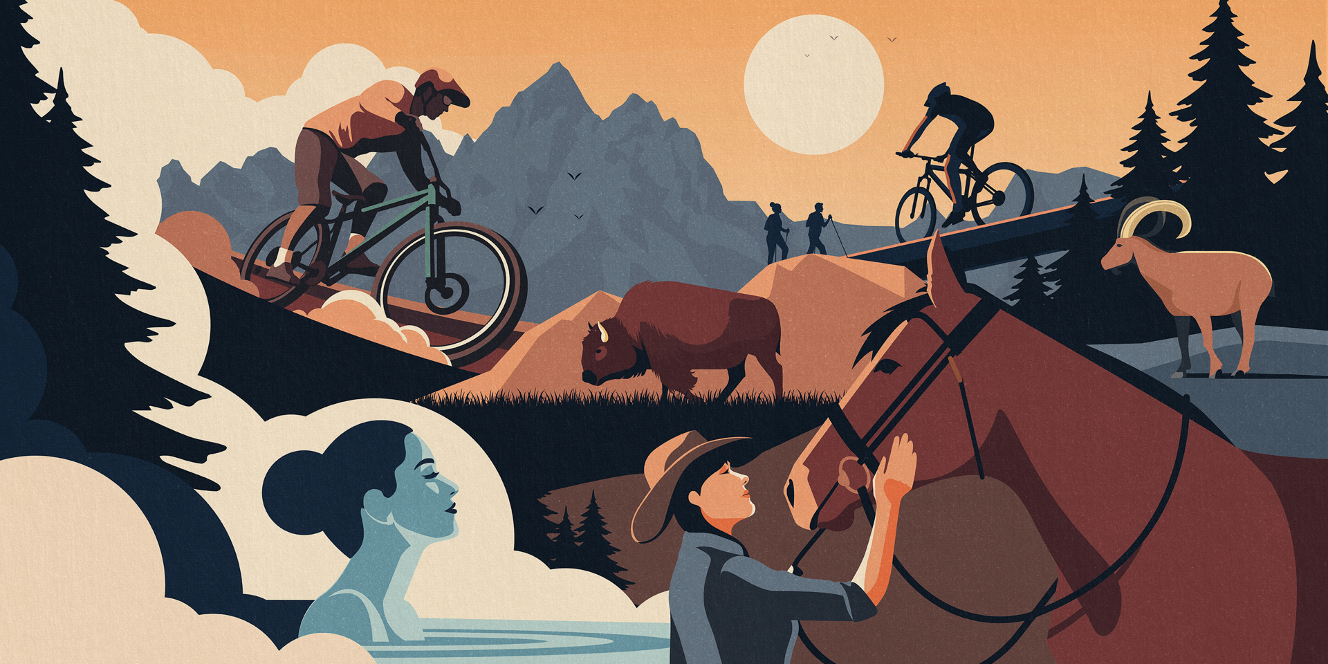 An illustration of horse riding, cycling and the great outdoors.