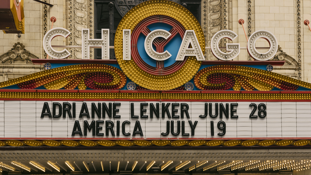 Signage outside the Chicago Theatre.