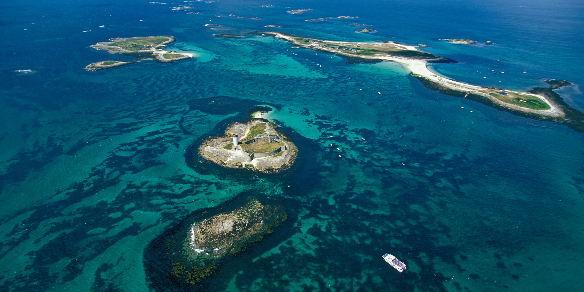 An aerial view of the Glenan Archipelago.