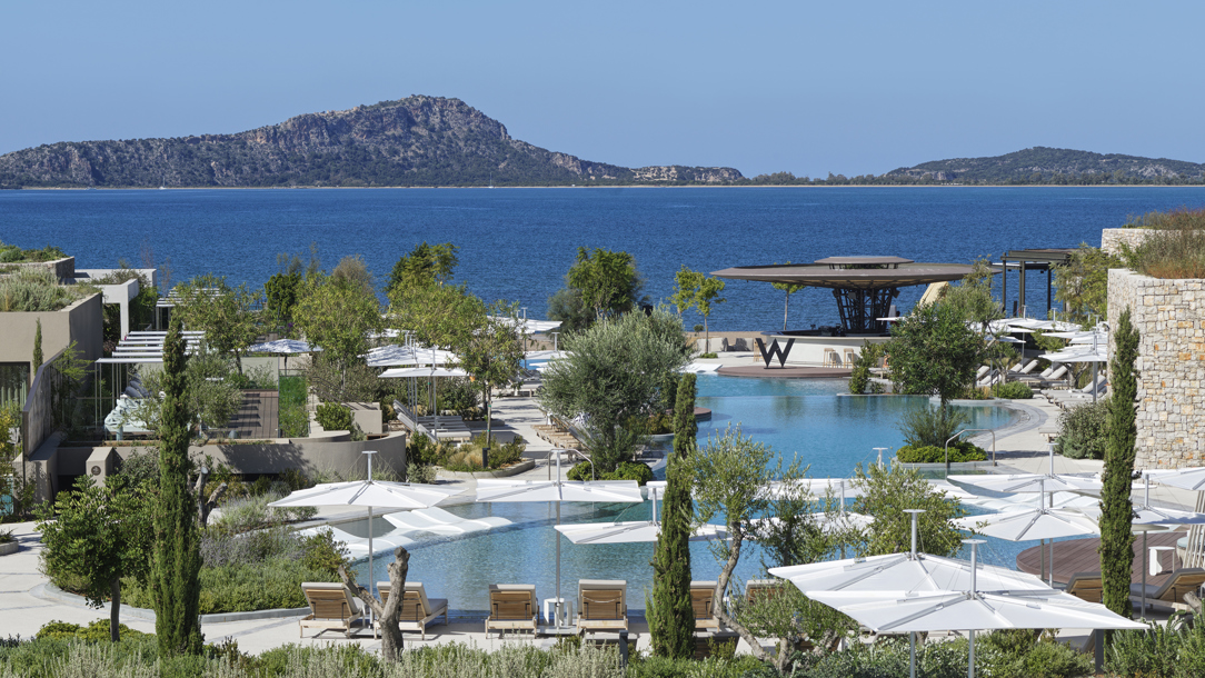 A view of the pool next to the sea at the W Costa Navarino.