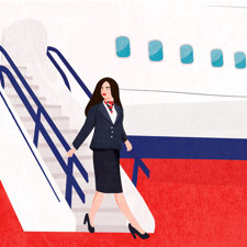 An illustration of a woman leaving an airplane.