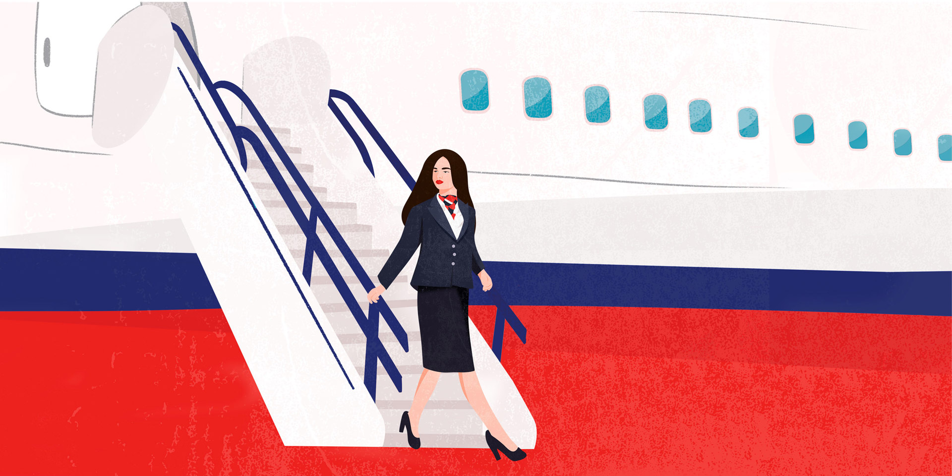 An illustration of a woman leaving an airplane.